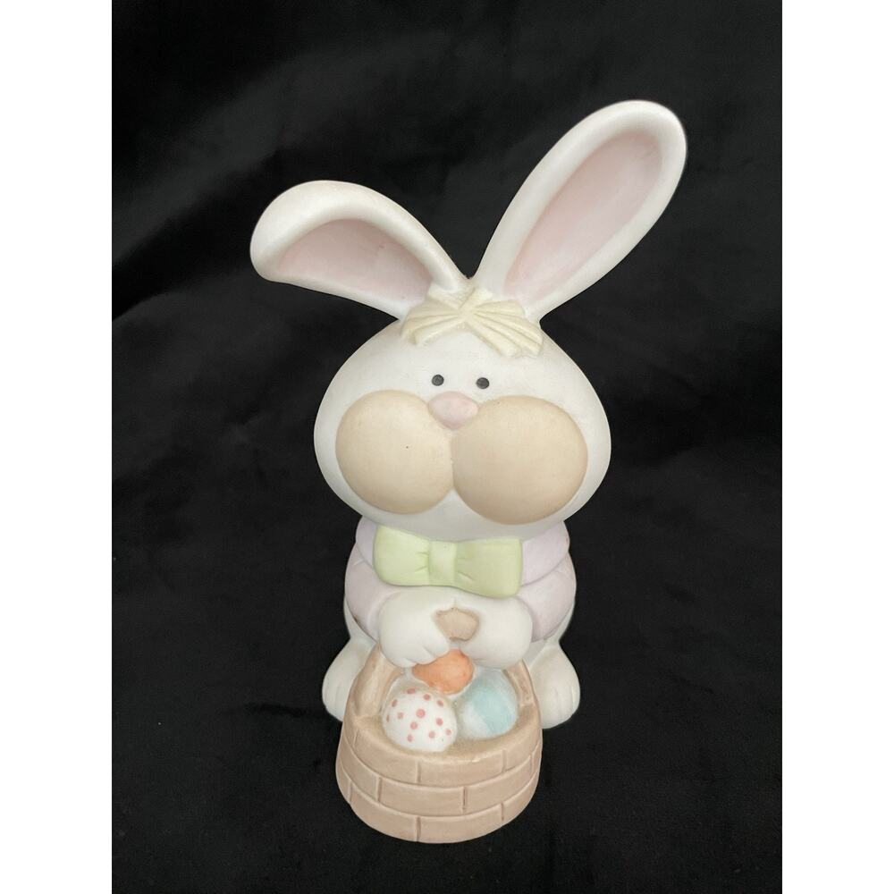 George Good Bisque Bunny Candy Dish Figurine Easter Basket Vintage 1986 Taiwan